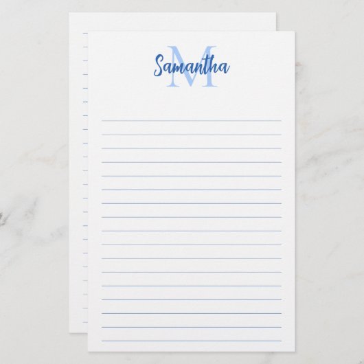 Blauw gevoerd minimalistisch monogram briefpapier (Voorkant / Achterkant)