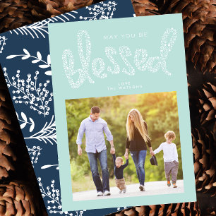 Blauw Gezegende Kerst Religieuze Aangepaste Foto Feestdagenkaart