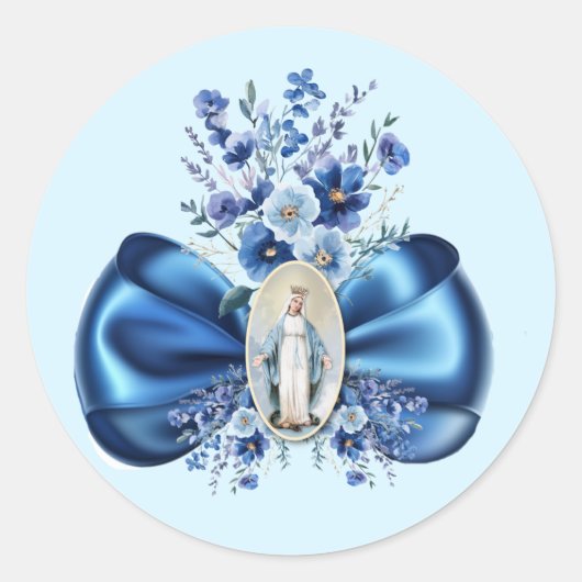 Blauw Gezegende Moeder Maria Bloemen Religieus Kat Ronde Sticker (Voorkant)