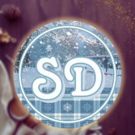 Blauw Gezellig Geplakt Snowy Winter Country Kerstm Ronde Sticker