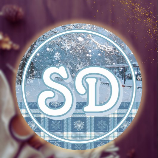 Blauw Gezellig Geplakt Snowy Winter Country Kerstm Ronde Sticker