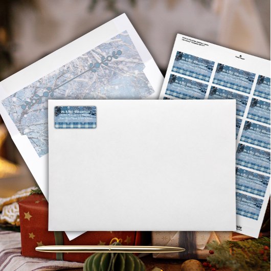 Blauw Gezellig Plaid Winter Adres Label