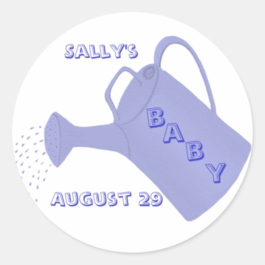 Blauw gieter, Aangepaste baby shower stickers (Voorkant)