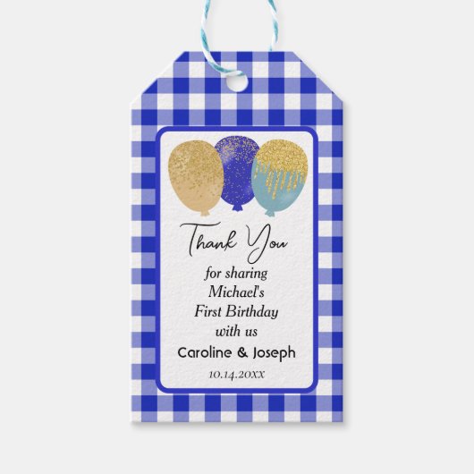 Blauw Gingham & 3 Glitterballonnen Verjaardag Cadeaulabel (Voorkant)