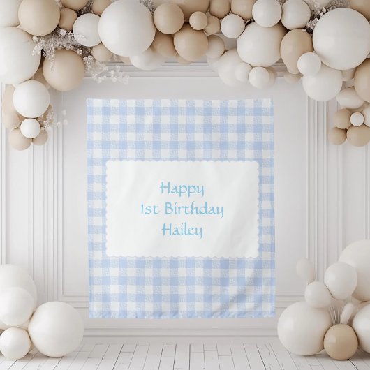 Blauw Gingham Aangepaste Eerste Verjaardag Feest W Wandkleed