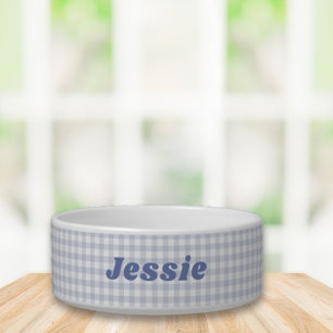 Blauw Gingham Aangepaste Naam Voerbakje