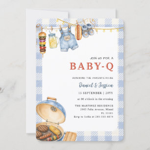 Blauw Gingham Achtertuin Baby Q Baby Shower Kaart