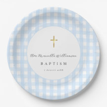 Blauw Gingham Baby Jongen Doop Papier