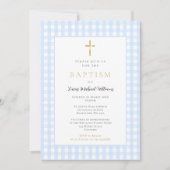 Blauw Gingham Baby Jongens Doop Uitnodiging (Voorkant)