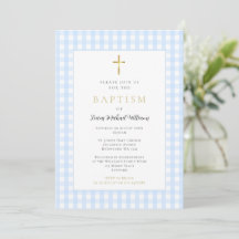 Blauw Gingham Baby Jongens Doop Uitnodiging