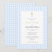 Blauw Gingham Baby Jongens Doop Uitnodiging (Voorkant / Achterkant)