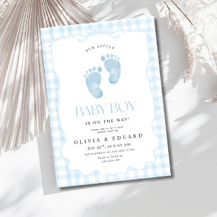 Blauw Gingham Baby Jongensfeest Bewerkbare Voetafd Kaart