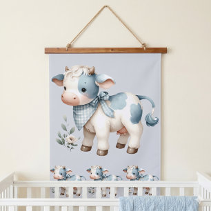 Blauw Gingham Baby Koe Pastel Boerderij Esthetiek Hangend Wandkleed