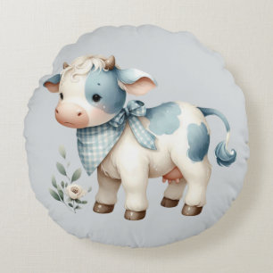 Blauw Gingham Baby Koe Pastel Boerderij Esthetiek Rond Kussen