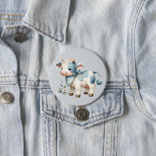 Blauw Gingham Baby Koe Pastel Boerderij Esthetiek Ronde Button 7,6 Cm