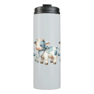 Blauw Gingham Baby Koe Pastel Boerderij Esthetiek Thermosbeker