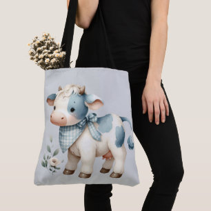 Blauw Gingham Baby Koe Pastel Boerderij Esthetiek Tote Bag