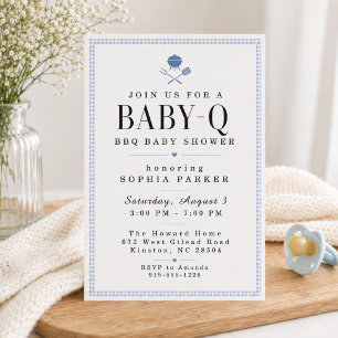 Blauw Gingham Baby-Q BBQ Baby Shower Uitnodiging