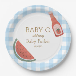 Blauw Gingham Baby-Q Rond Bord