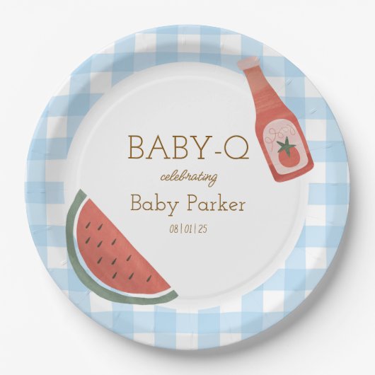 Blauw Gingham Baby-Q Rond Bord (Voorkant)