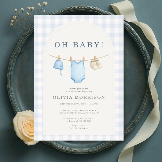 Blauw Gingham Baby Shower Kaart