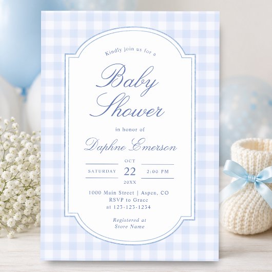 Blauw Gingham Baby Shower Kaart