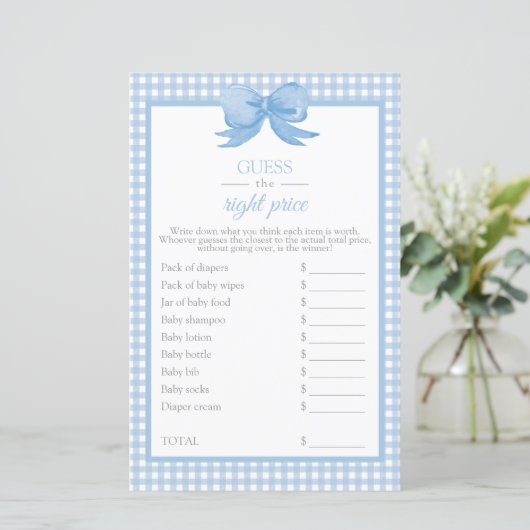 Blauw Gingham Baby Shower Raad de Prijs Spel (Staand voorkant)