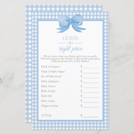 Blauw Gingham Baby Shower Raad de Prijs Spel (Voorkant / Achterkant)