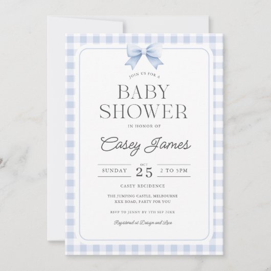 Blauw Gingham Baby Shower Uitnodiging (Voorkant)