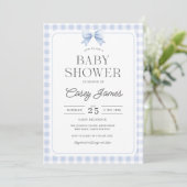 Blauw Gingham Baby Shower Uitnodiging (Staand voorkant)