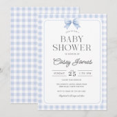 Blauw Gingham Baby Shower Uitnodiging (Voorkant / Achterkant)