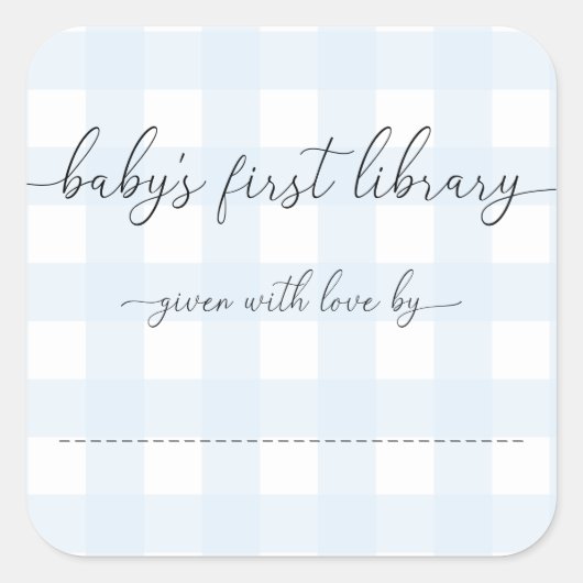 Blauw Gingham Baby's Eerste Bibliotheekex Libris Vierkante Sticker (Voorkant)
