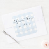 Blauw Gingham Baby's Eerste Bibliotheekex Libris Vierkante Sticker (Envelop)