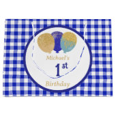 Blauw Gingham Ballonnen Custom Multi Foto Verjaard Groot Cadeauzakje (Voorkant)