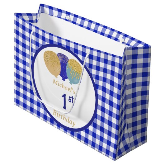 Blauw Gingham Ballonnen Custom Multi Foto Verjaard Groot Cadeauzakje (Voorkant Gekanteld)