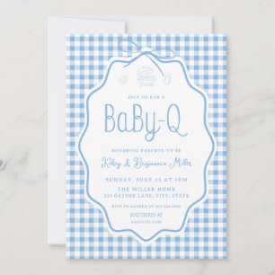 Blauw Gingham Barbecue Baby-Q Baby Shower Uitnodig Kaart