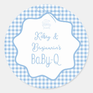 Blauw Gingham Barbecue Jongen BBQ Baby-Q Baby Show Ronde Sticker