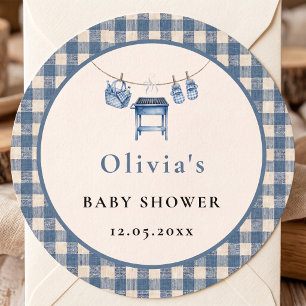 Blauw Gingham BBQ Waslijn Baby Shower Ronde Sticker