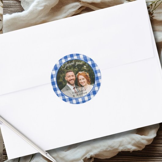 Blauw Gingham Bedankt Foto Ronde Sticker