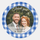 Blauw Gingham Bedankt Foto Ronde Sticker (Voorkant)