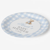 Blauw Gingham Beer Babyshower Papieren Bordje (Gekanteld)
