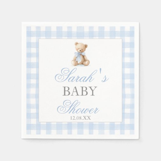Blauw Gingham Beer Babyshower Servet (Voorkant)