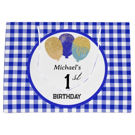 Blauw Gingham & Blauwe Glitter Feestballonnen Groot Cadeauzakje (Voorkant)