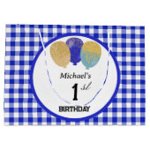Blauw Gingham & Blauwe Glitter Feestballonnen Groot Cadeauzakje (Achterkant)