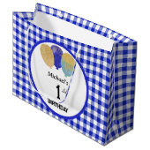 Blauw Gingham & Blauwe Glitter Feestballonnen Groot Cadeauzakje (Voorkant Gekanteld)