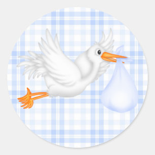 Blauw Gingham Blauwe Ooievaar Baby Shower Sticker