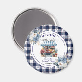 Blauw Gingham Bloemen Bruidsdouche favor Magneet (Voorkant / Achterkant)