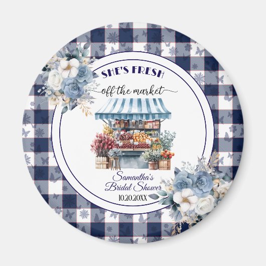 Blauw Gingham Bloemen Bruidsdouche favor Magneet (Voorkant)