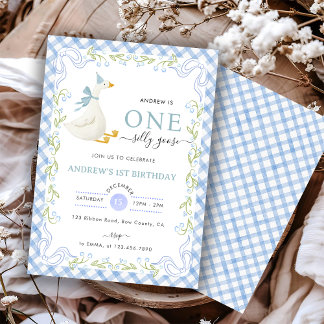 Blauw Gingham Bloemstuk Eén Dwaas Gans 1e Verjaard Kaart