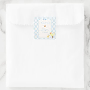 Blauw Gingham Boer Klein Kuiken Jongen Baby Shower Vierkante Sticker